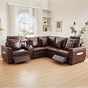 LEVNARY 5-Seat L Shaped Modular Sectional Sofa with Power Recliners, Upholstered Faux Leather Couch Storage Console with Charging Ports &amp; Cup Holders, Living Room Couch Set for Home Office (Brown)