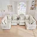 LEVNARY 6-Seat U Shaped Modular Sectional Sofa with Power Recliners, Upholstered Faux Leather Couch Storage Console with Charging Ports &amp; Cup Holders, Living Room Couch Set for Home Office (White)