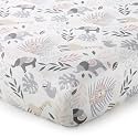 Levtex Baby - Imani Crib Fitted Sheet - Fits Standard Crib and Toddler Mattress - Tossed Llamas, Elephants, Lions, Leaves and Sloths - Pink, Grey, Taupe, White - Nursery Accessories - 100% Cotton