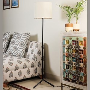 lexton eco diy metal tripod floor lamp with assorted cotton fabric shade  5434 height 2 pin plug onoff switch 3 meter cord wire e27 base bulb holder for home pack of 1 black bulb not included