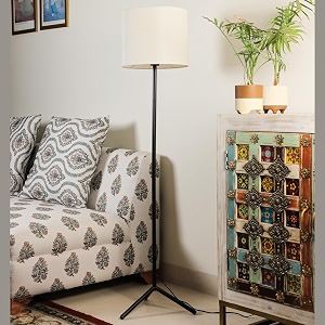 lexton eco diy metal tripod floor lamp with assorted cotton fabric shade  5434 height 2 pin plug onoff switch 3 meter cord wire e27 base bulb holder for home pack of 1 black bulb not included