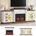 LGHM 104" 3-in-1 Fireplace TV Stand, LED&amp;Outlet, Scrollwork Iron Grill Door