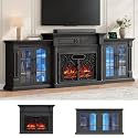 LGHM 104" Fireplace TV Stand w/LED&amp;Outlet, Scrollwork Iron Doors, Black