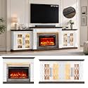 LGHM 104" LED Fireplace TV Stand with Outlet, 3 in 1 Electric Fireplace with Mantel, Entertainment Center with Storage, 30'' Fireplace Heater with Realistic Flame Effect for Living Room, White/Brown