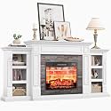 LGHM 72" Electric Fireplace with Mantel, Fireplace TV Stand for TVs Up to 80 Inch, Modern Entertainment Center with Storage, Stacked Stone Surround with Relastic Flame Effect for Living Room, White