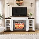 LGHM 72" Electric Fireplace with Mantel, Fireplace TV Stand for TVs Up to 80 Inch, Farmhouse Entertainment Center with Storage, Stacked Stone Surround with Relastic Flame Effect for Living Room