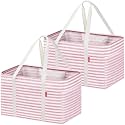 LHZK 2 Pack Utility Tote Bag with Metal Wire Frame and the Sides Rinforced, Large Tote Bag with Handle, Reusable Grocery Bags Foldable, Beach Bag, Car Tote (Pink, 18.5''x11.8''x11.5'')