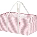 LHZK Standing Extra Large Utility Tote Bag with Metal Wire Frame and the Sides Rinforced, Extra Large Tote Bag with Handle, Reusable Grocery Bags Foldable, Beach Bag, Car Tote (Pink, 26''x15''x13'')