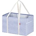 LHZK Standing Utility Tote Bag with Metal Wire Frame and the Sides Rinforced, Large Tote Bag with Handle, Reusable Grocery Bags Foldable, Beach Bag, Car Tote (Blue, 18.5''x11.8''x11.5'')