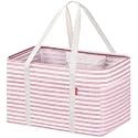 LHZK Standing Utility Tote Bag with Metal Wire Frame and the Sides Rinforced, Large Tote Bag with Handle, Reusable Grocery Bags Foldable, Beach Bag, Car Tote (Pink, 18.5''x11.8''x11.5'')