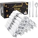 Liacere 100 Pack Silver Plastic Silverware-Pre Wrapped cutlery and Napkin-Pre Rolled Silverware Disposable 100 Forks, 100 Knives 100 Spoons, 100 Napkins Plastic Utensils for Wedding ＆ Party