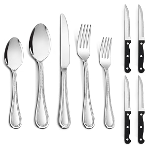 lianyu 24-piece silverware set with steak knives for 4 stainless steel flatware cutlery set for kitchen restaurant hotel fancy eating utensils tableware with beaded edge dishwasher safe