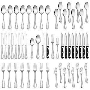 lianyu 48-piece silverware set with steak knives for 8 stainless steel flatware cutlery set for kitchen restaurant hotel fancy eating utensils tableware with beaded edge dishwasher safe