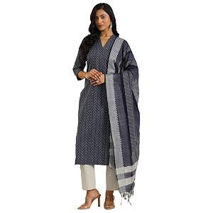 Libas Blue Woven Design Cotton Blend Straight