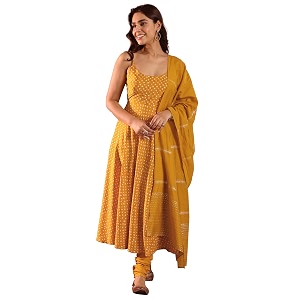Libas Mustard Bandhani Printed Anarkali Padded Kurta