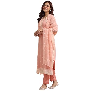 Libas Peach Embroidered Chiffon Straight Kurta set