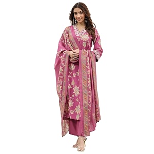 Libas Pink Printed Silk blend Straight Kurta