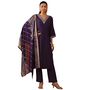 Libas Purple yoke design Silk Blend Straight