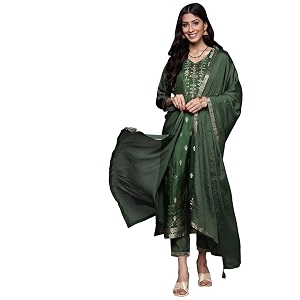 gerua embellished silk blend straight kurta with trousers and dupatta