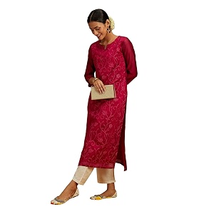Libas Womens Embroidered Silk Blend Straight Kurta