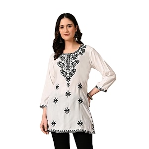 LIBOZA Womens Chikankari Embroidered Short Kurti Rayon