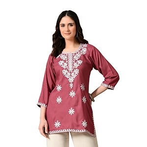 LIBOZA Womens Chikankari Embroidered Short Kurti Rayon