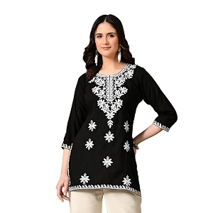 LIBOZA Womens Chikankari Embroidered Short Kurti Rayon