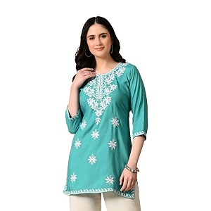LIBOZA Womens Chikankari Embroidered Short Kurti Rayon