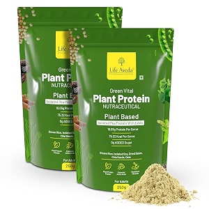 life aveda green vital plant protein powder  1605g protein with eaas  isolate pea brown rice soy dried dates chia seeds powder amp oats flour  quick absorption easy digest - 250g pack of 2