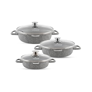 life smile shallow pots set with lid  100 pfoa free  non stick granite coating frying pans set  oven safe  double handle grey induction base 202428 cm