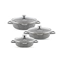 LIFE SMILE Shallow Pots Set with Lid | 100% PFOA FREE | Non Stick Granite Coating Frying Pans set | Oven Safe | Double Handle (Grey (Induction Base), 20/24/28 CM)
