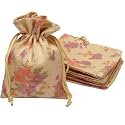 LifeKrafts Linen Jute Pouches | Purple Floral | 10x10cm Pack of 10 | Adjustable Drawstring Bags for Return Gifts, Parties, Jewellery, Storage, Crafts, Favors, Hampers, Christmas, wedding gift bags.