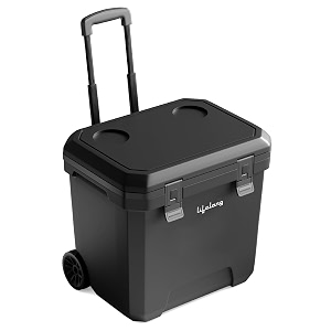 lifelong 38l insulated chiller ice box with wheels  standard size cooler for travel parties bar medical use  keeps ice cubes amp drinks cold for 72-80 hours  fully insulated lid amp body  bpa-free