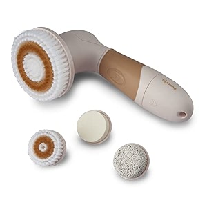 lifelong electric portable face cleanser and massager brush with 4 brush heads for deep cleansing scrubbing exfoliating removing blackhead and massaging brown