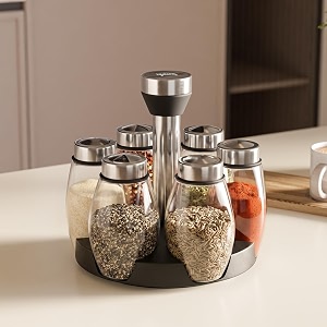 lifelong spice sprinkler - set of 6  glass masala container with stainless steel lids  spice rack for kitchen storage  rotating stand organiser  easy to clean countertop seasoning set