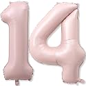 Light Pink 14th Birthday Balloon for Girls, 40'' Self Inflating Mylar Number 14 Balloons, Big Blush Pastel Pink Foil 1 &amp; 4 Helium Balloon for Coquette 14th Birthday Party Decorations Anniversary
