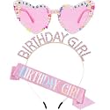 Light Pink Birthday Girls Glasses Sash Tiara Crown for Women Girls