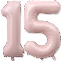 Light Pink Sweet 15th Birthday Balloon for Girls, 40 Inch Self Inflating Mylar Number 15 Balloons, Big Blush Pastel Pink Foil 1 &amp; 5 Helium Balloon 15 for Coquette 15th Birthday Party Decorations