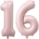 Light Pink Sweet 16th Birthday Balloon for Girls, 40 Inch Self Inflating Mylar Number 16 Balloons, Big Blush Pastel Pink Foil 1 &amp; 6 Helium Balloon 16 for Women Coquette 16th Birthday Party Decorations