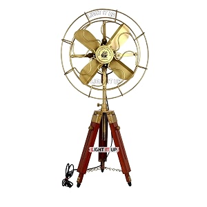 light it up brass antique electric floor fan with wooden tripod stand  handmade vintage style modern twist pedestal fan for home decor office