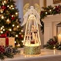 Lighted Angel Nativity Snow Globe Figurine, Gold Glitter Wings, Christmas Holiday Decoration