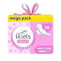 Lil-Lets Teens Long Pads with Wings - 36 Count Period Pads for Teens - Thin, Super Absorbent Sanitary Napkins, Soft &amp; Breathable, Fragrance-Free - First Periods, Medium to Heavy Days