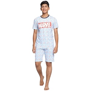 lil tomatoes boys drawstring regular fit round neck thor printed cotton night suits ecru