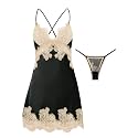 Lilosy Sexy Silk Lace Up Backless Satin Applique Floral Lace Babydoll Lingerie Dress with Tong 2 Piece