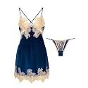 Lilosy Sexy Silk Lace Up Backless Satin Applique Floral Lace Babydoll Lingerie Dress with Tong 2 Piece