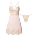 Lilosy Sexy Silk Lace Up Backless Satin Applique Floral Lace Babydoll Lingerie Dress with Tong 2 Piece