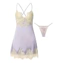 Lilosy Sexy Silk Lace Up Backless Satin Applique Floral Lace Babydoll Lingerie Dress with Tong 2 Piece