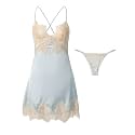Lilosy Sexy Silk Lace Up Backless Satin Applique Floral Lace Babydoll Lingerie Dress with Tong 2 Piece