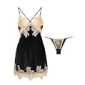 Lilosy Sexy Silk Lace Up Backless Satin Applique Floral Lace Babydoll Lingerie Dress with Tong 2 Piece