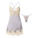 Lilosy Sexy Silk Lace Up Backless Satin Applique Floral Lace Babydoll Lingerie Dress with Tong 2 Piece